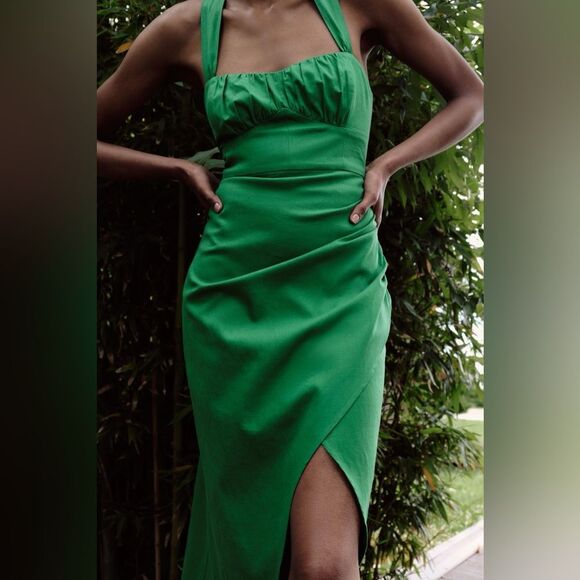 Zara Linen Blend Draped Green Dress New - Picture 6 of 10